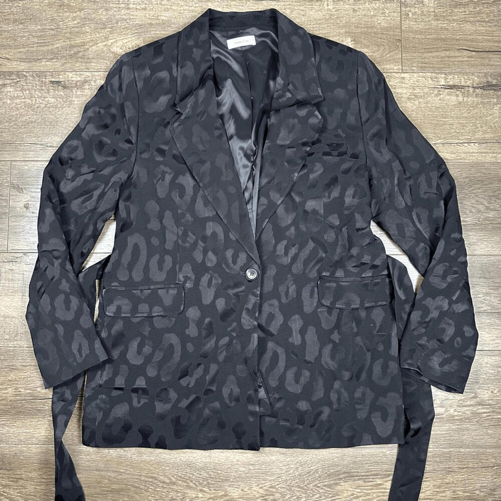 Anine Bing Women’s Size Large Tate Tie Belted Blazer Black Animal Print Jacket